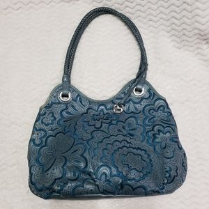 Brighton Valencia Purse Leather Shoulder bag, green floral embroidery